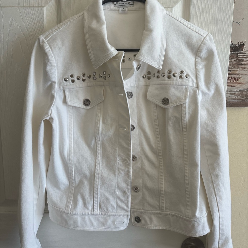 St John White Stud-Accent Denim Jacket and Pant Set Size M/8